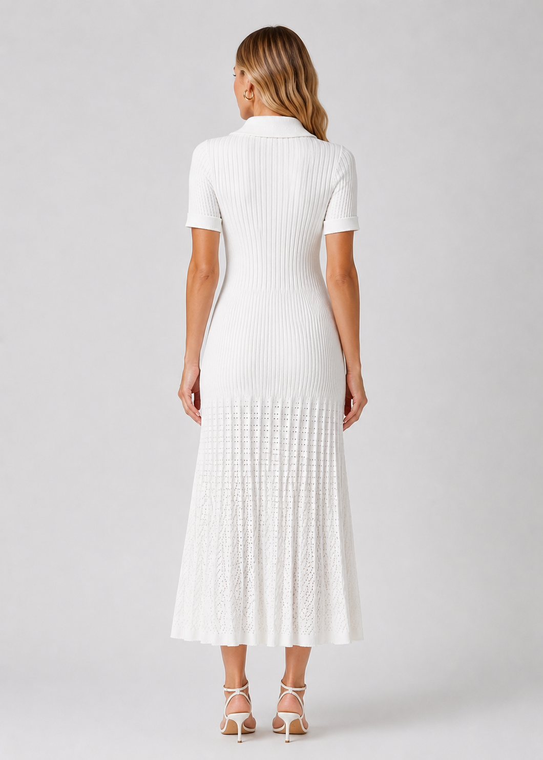 Women's Ribbed Knit Midi Dress | Peter Pan Collar | Elegant White Style | Steven & Levon