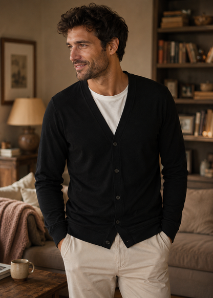 V-Neck Button Cardigan | Men's Spandex Fabric | Slim Fit Casual Long Sleeve Sweater | Steven & Levon