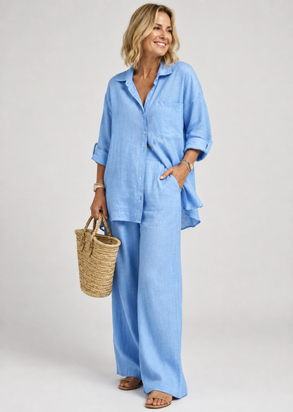Women's Oversized Linen Blend Set | Long Sleeve Blouse & Wide-Leg Trousers | Relaxed Fit | Steven & Levon