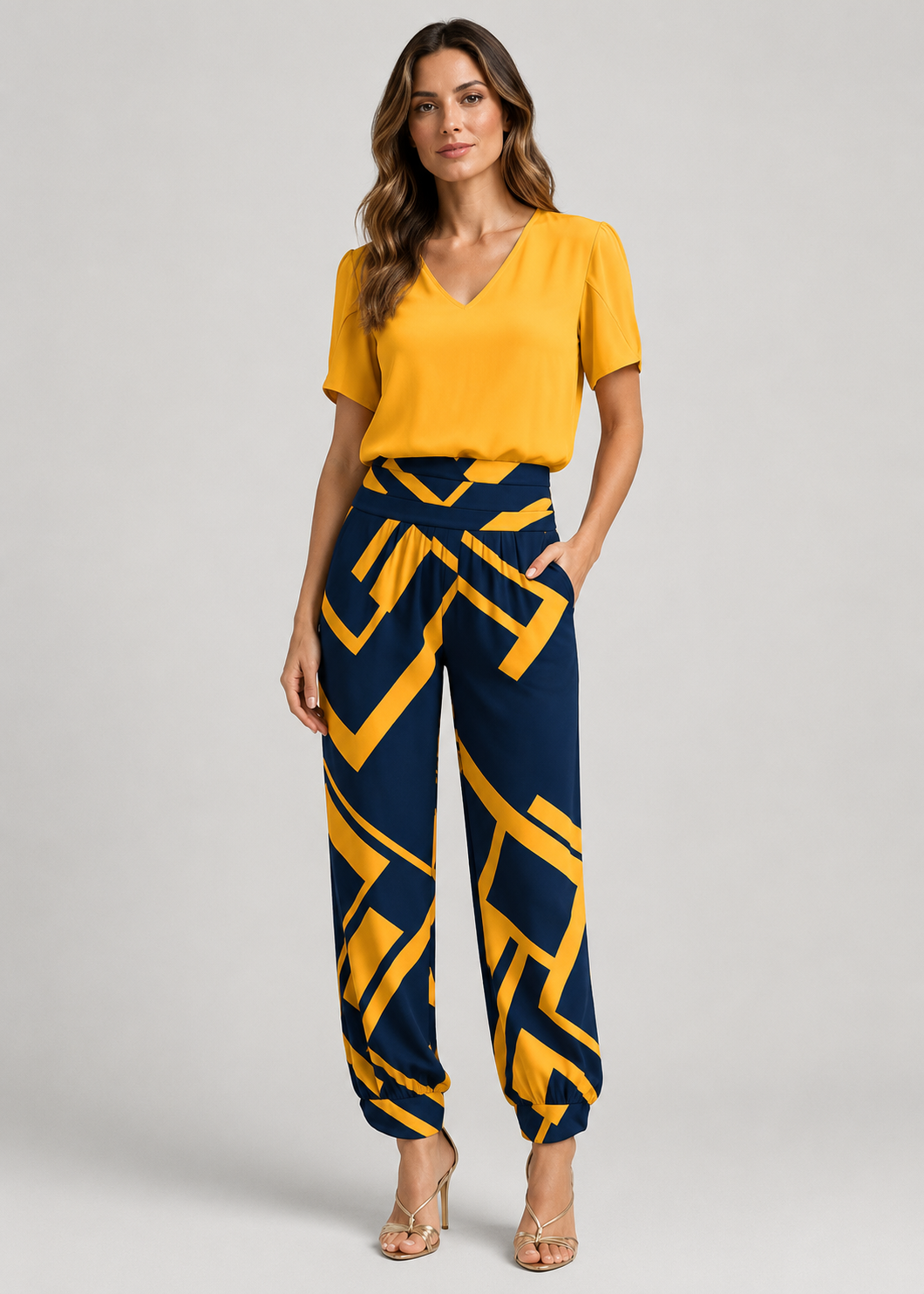 Women's Two-Piece Set | Puff-Sleeve Blouse & Harem Trousers | Regular Fit | Steven & Levon