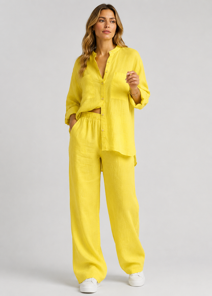 Women's Linen Blend Set | Long-Sleeve Shirt & Straight-Leg Trousers | Relaxed Fit | Steven & Levon