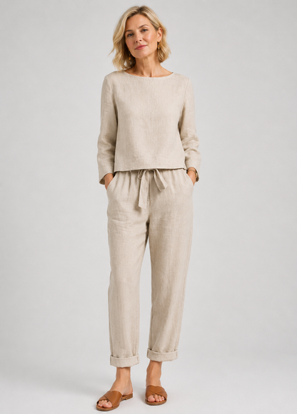 Women's Linen 2-Piece Set | Long Sleeve Top & Wide-Leg Trousers | Relaxed Fit | Steven & Levon