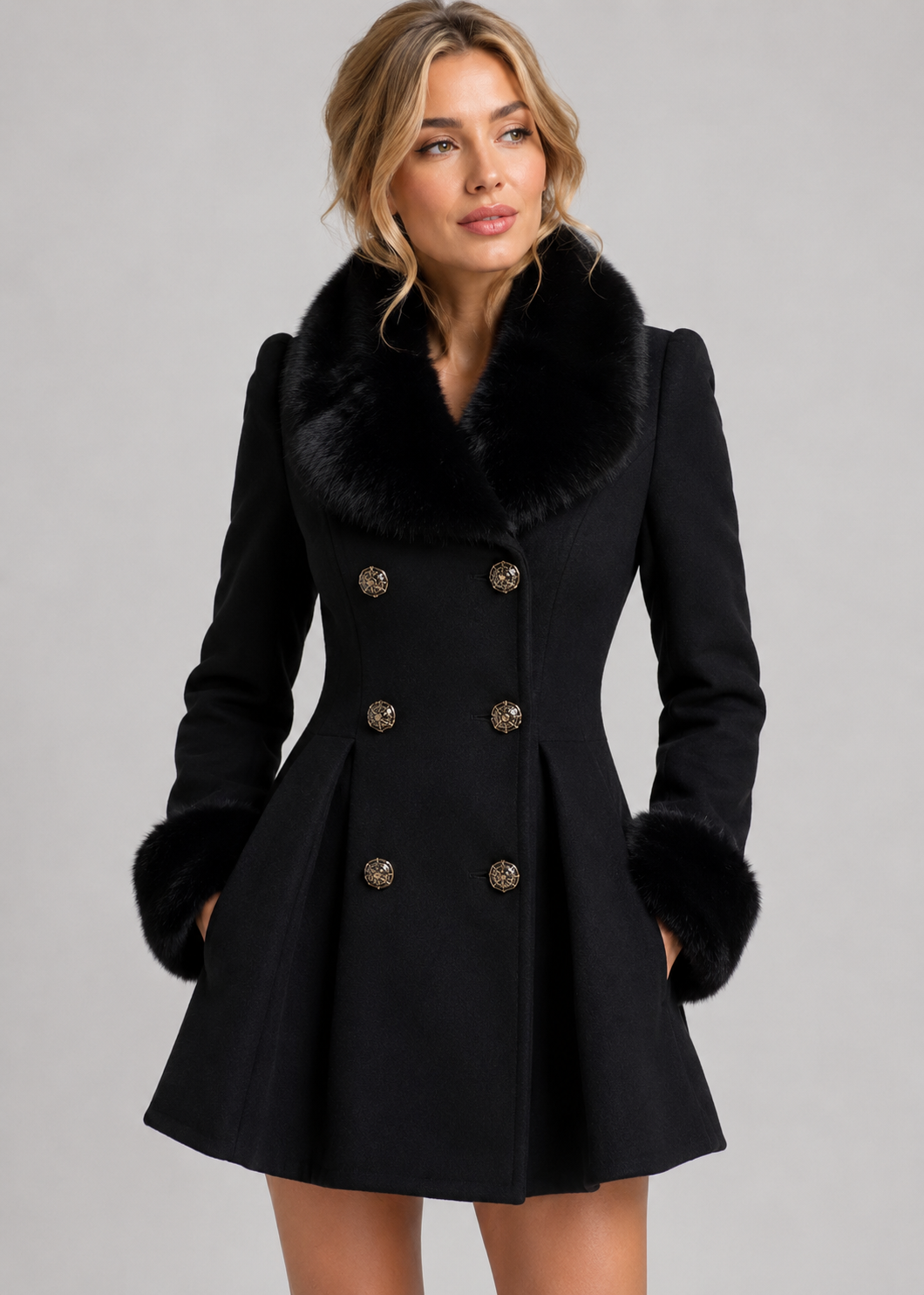 Hepburn Wool Coat | Fur Collar & Double-Breasted | Fit-and-Flare | Steven & Levon