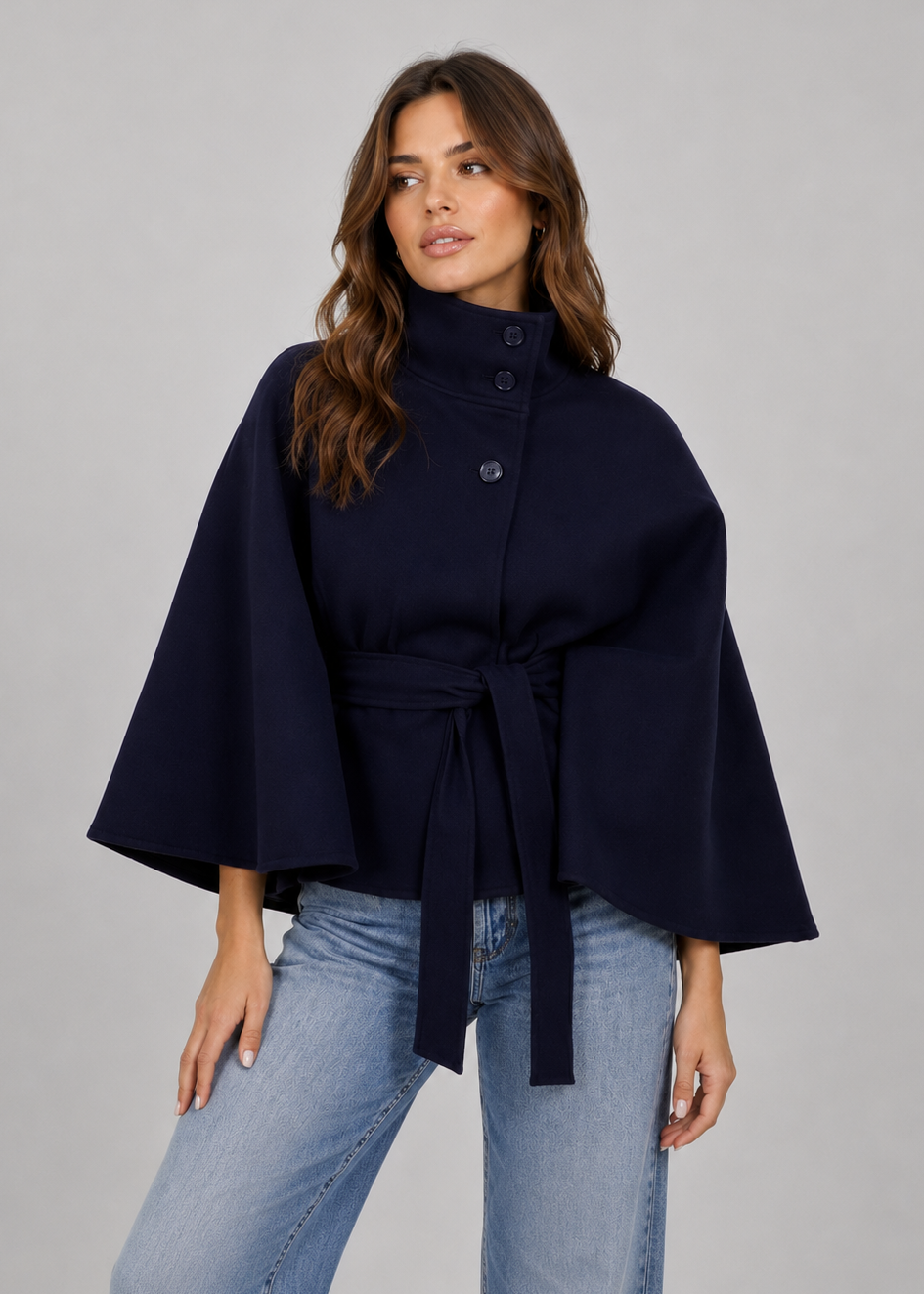High Neck Jacket | Lace-Up Belted Cape & Faux Wool Blend | Relaxed Fit | Steven & Levon