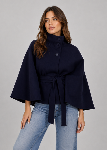 High Neck Jacket | Lace-Up Belted Cape & Faux Wool Blend | Relaxed Fit | Steven & Levon