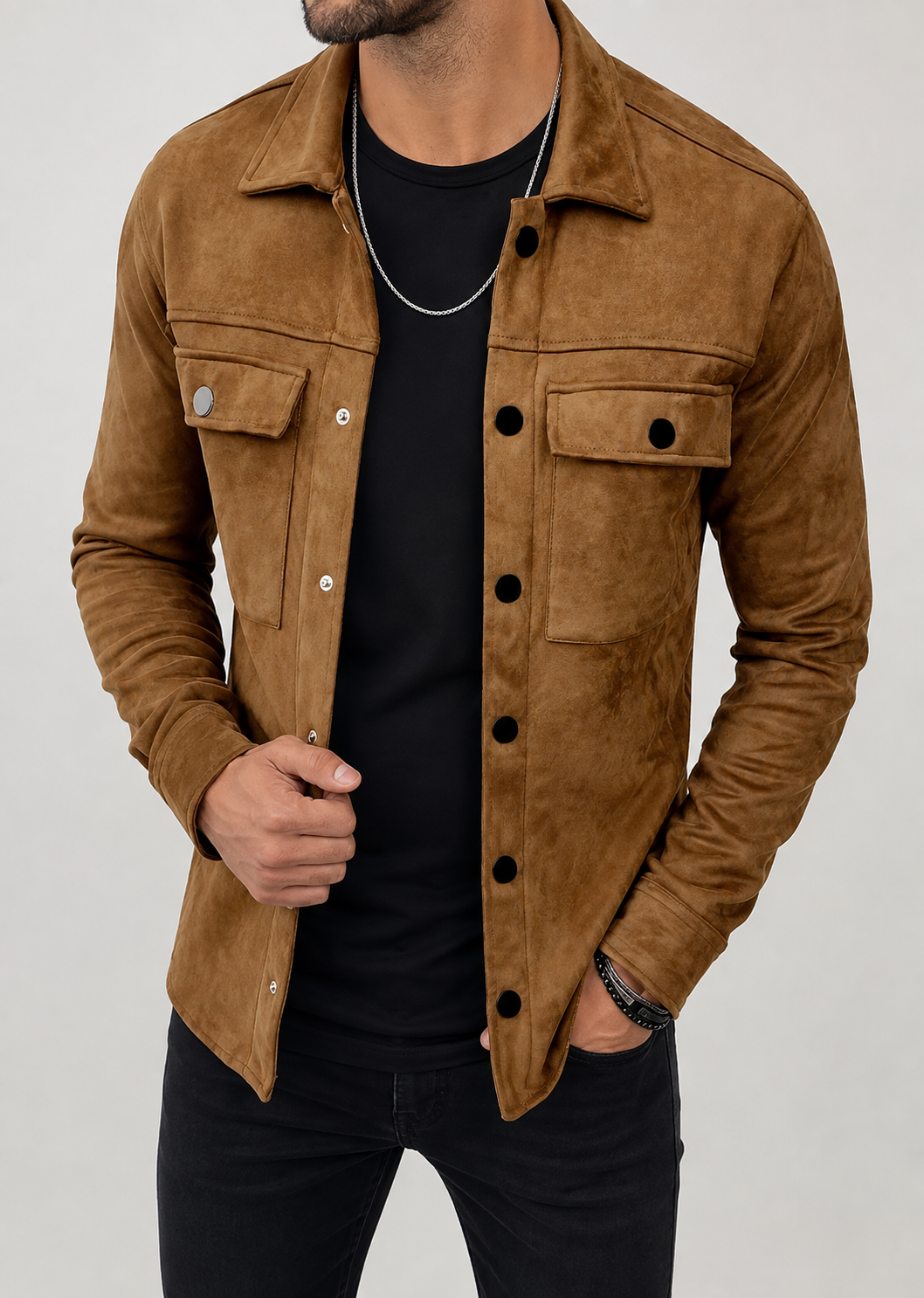 Men's Suede Overshirt Jacket | Slim Fit | Button Front | Utility Shirt Jacket | Steven & Levon