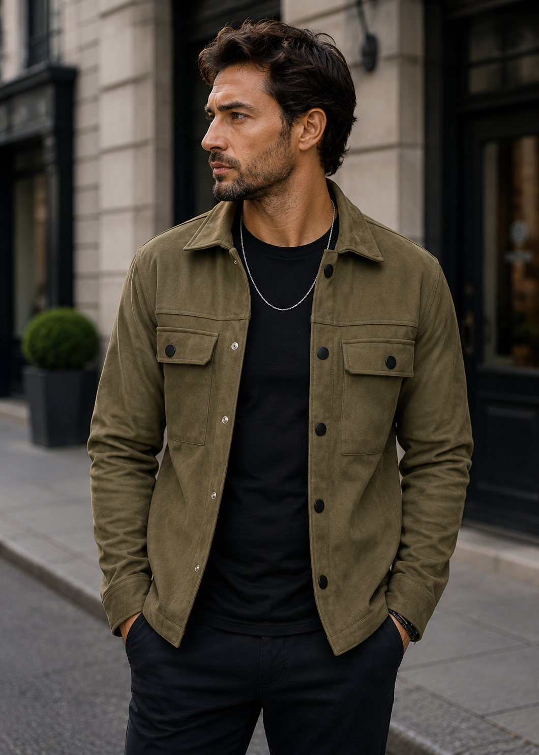 Men's Suede Overshirt Jacket | Slim Fit | Button Front | Utility Shirt Jacket | Steven & Levon