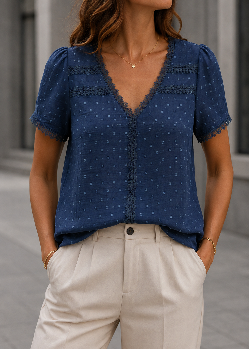 Caroline Lace Blouse | Women’s V-Neck Top | Lace Fabric | Short Sleeve Elegant Casual Wear | Steven & Levon