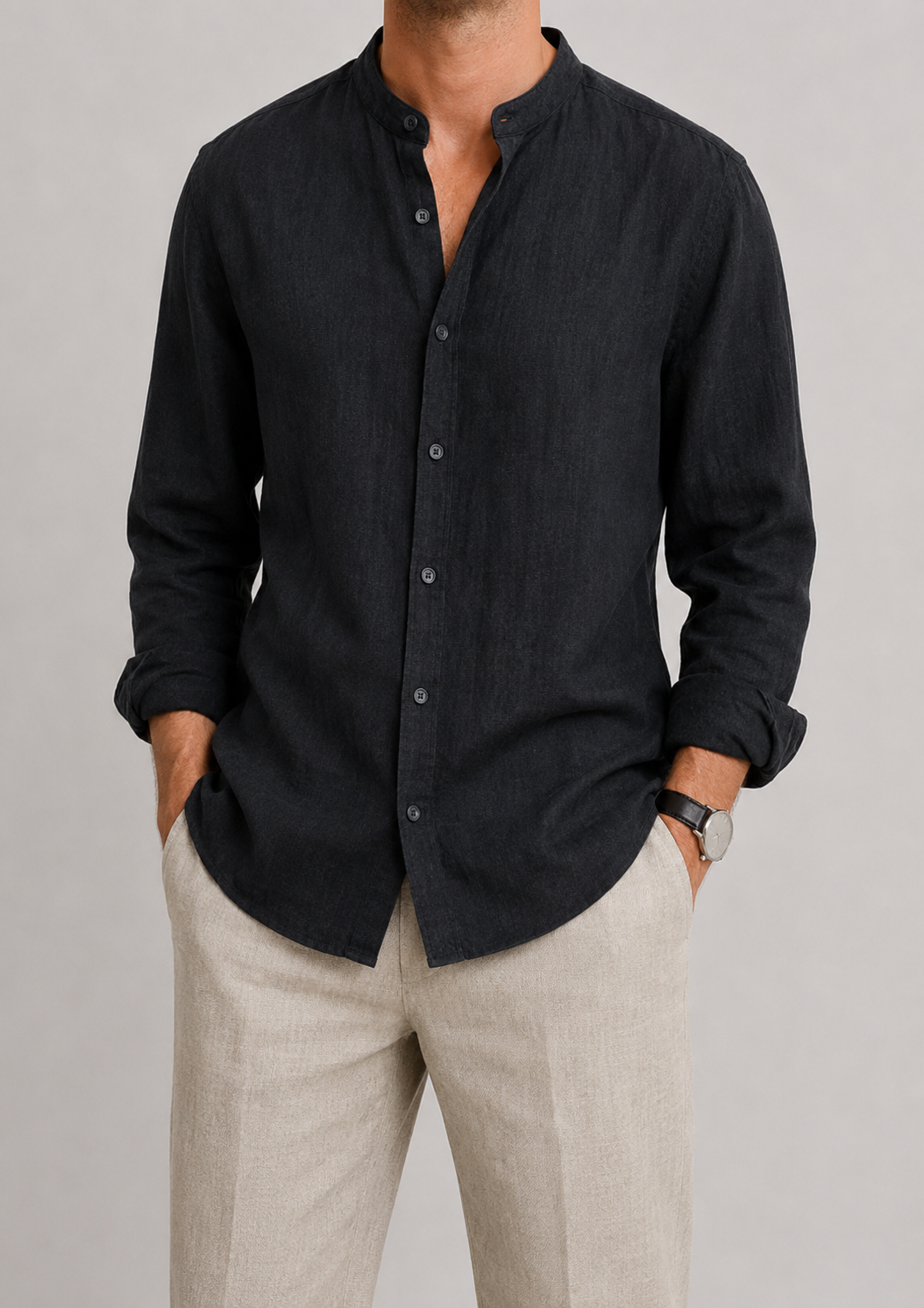 Men's Linen Long Sleeve Shirt | Men | Lightweight Breathable Collarless Button-Up | Casual Relaxed Fit | Steven & Levon