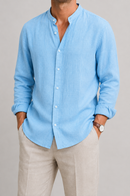 Men's Linen Long Sleeve Shirt | Men | Lightweight Breathable Collarless Button-Up | Casual Relaxed Fit | Steven & Levon