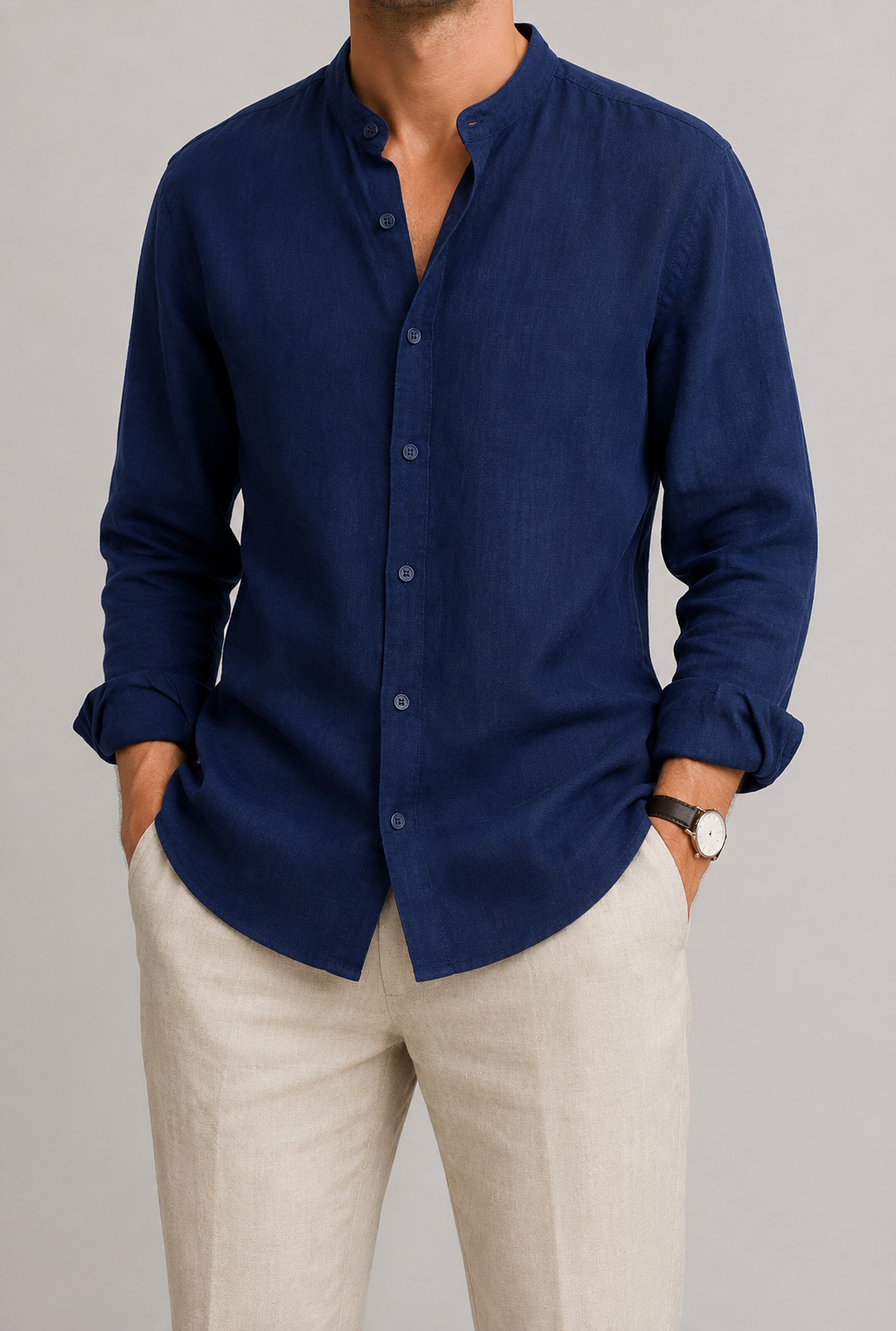 Men's Linen Long Sleeve Shirt | Men | Lightweight Breathable Collarless Button-Up | Casual Relaxed Fit | Steven & Levon