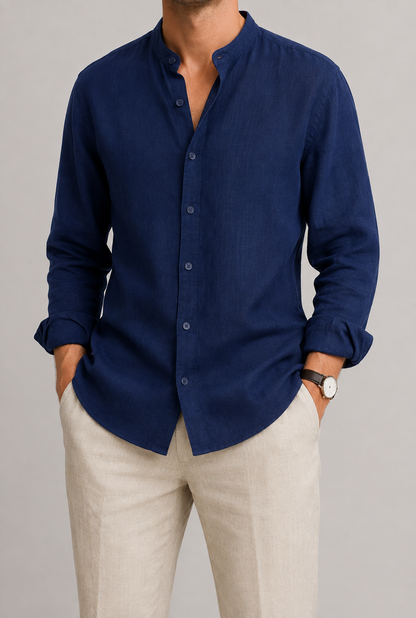 Men's Linen Long Sleeve Shirt | Men | Lightweight Breathable Collarless Button-Up | Casual Relaxed Fit | Steven & Levon
