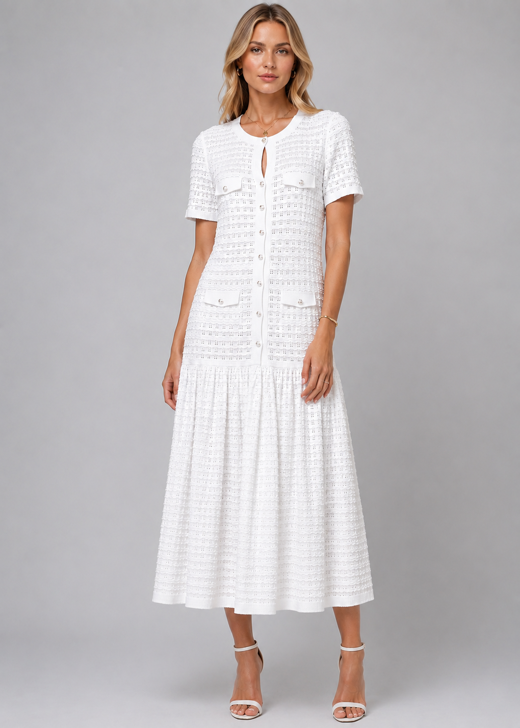 Short Sleeve Midi Dress | Women | Shimmer Knit Texture | Light Blue | Lightweight Elegant Dress | Steven & Levon