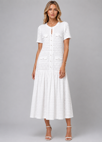 Short Sleeve Midi Dress | Women | Shimmer Knit Texture | Light Blue | Lightweight Elegant Dress | Steven & Levon
