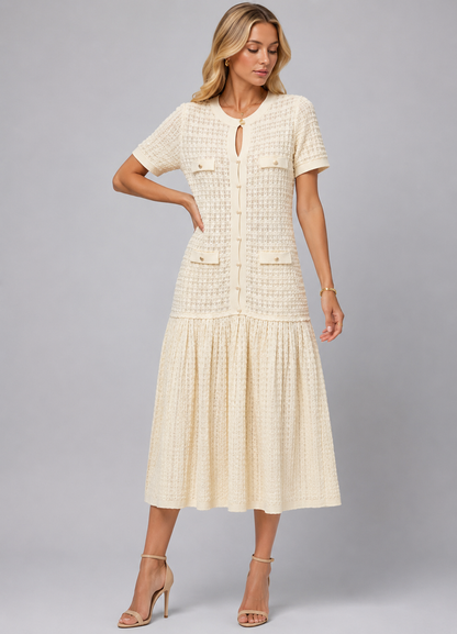 Short Sleeve Midi Dress | Women | Shimmer Knit Texture | Light Blue | Lightweight Elegant Dress | Steven & Levon