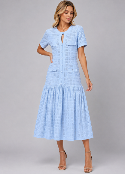 Short Sleeve Midi Dress | Women | Shimmer Knit Texture | Light Blue | Lightweight Elegant Dress | Steven & Levon
