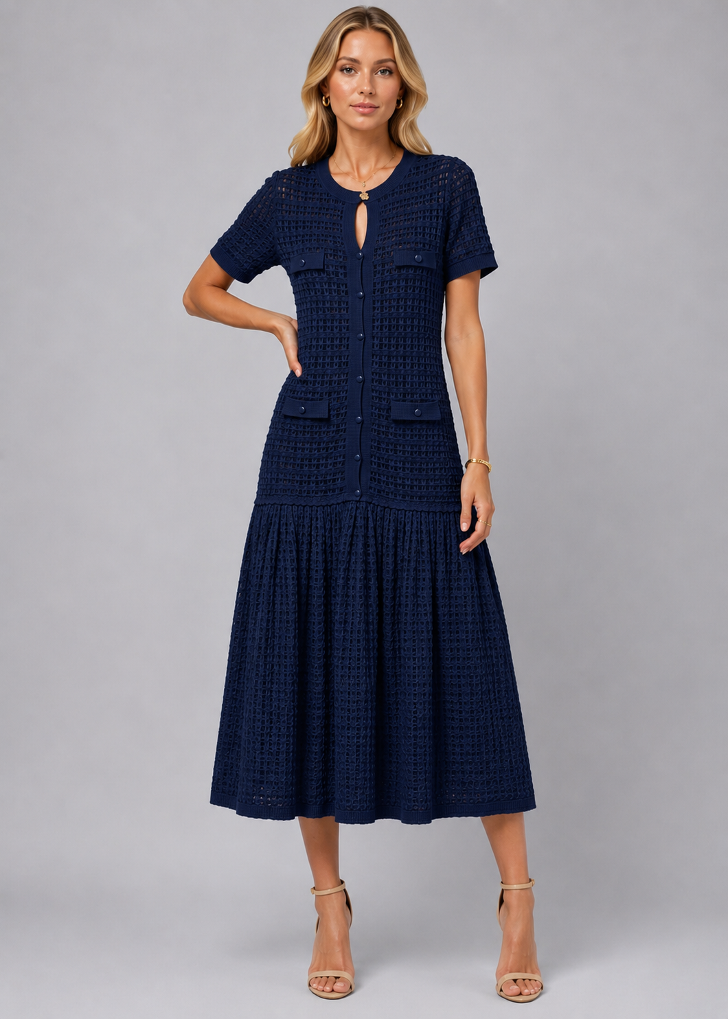 Short Sleeve Midi Dress | Women | Shimmer Knit Texture | Light Blue | Lightweight Elegant Dress | Steven & Levon