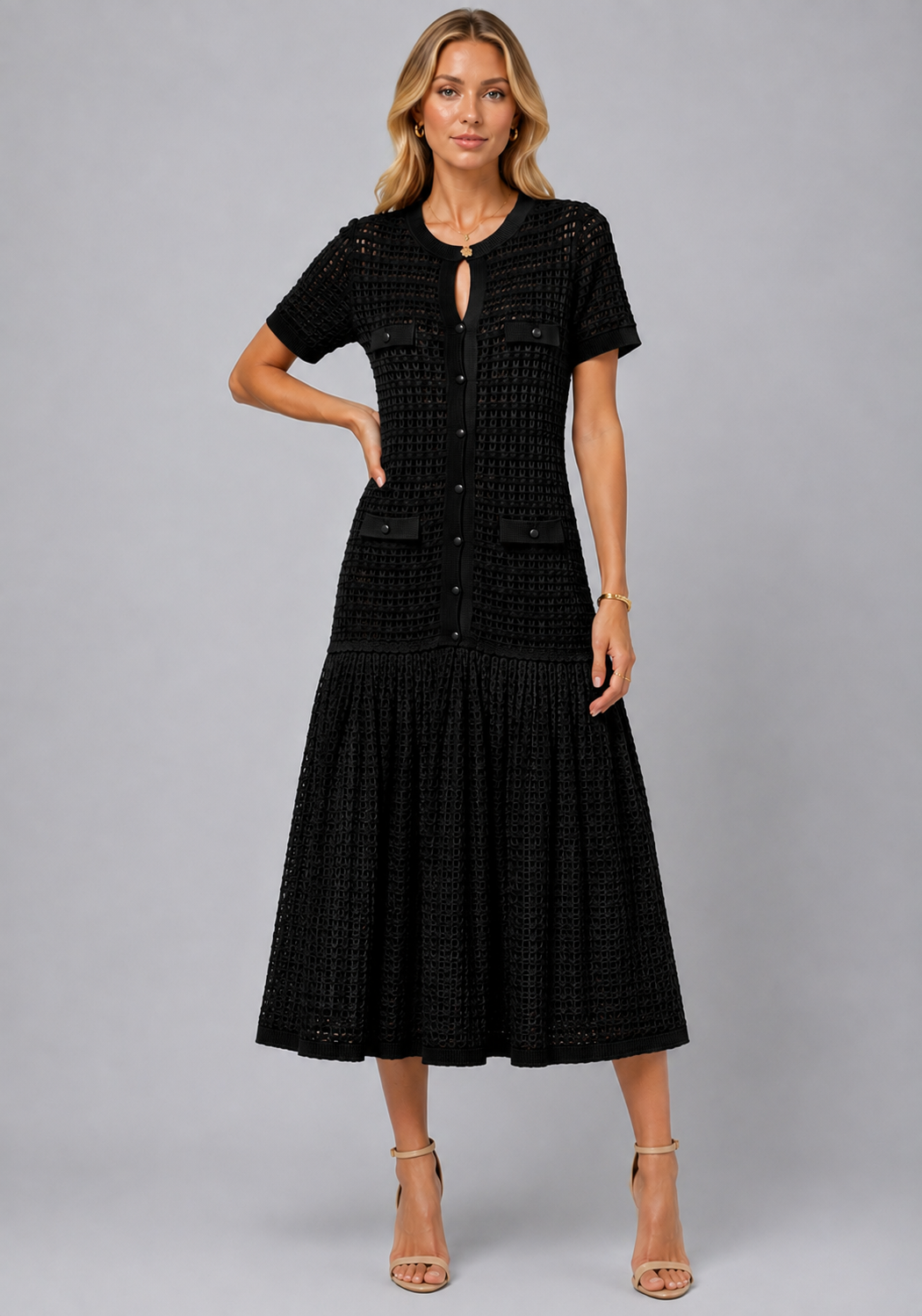 Short Sleeve Midi Dress | Women | Shimmer Knit Texture | Light Blue | Lightweight Elegant Dress | Steven & Levon