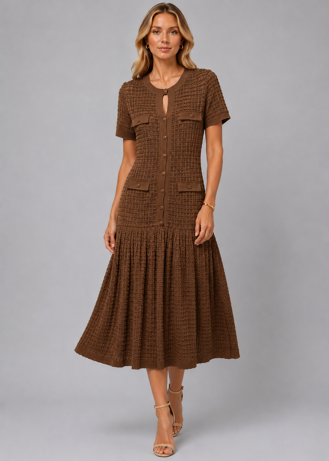 Short Sleeve Midi Dress | Women | Shimmer Knit Texture | Light Blue | Lightweight Elegant Dress | Steven & Levon