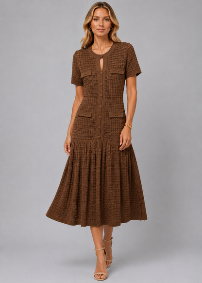Short Sleeve Midi Dress | Women | Shimmer Knit Texture | Light Blue | Lightweight Elegant Dress | Steven & Levon