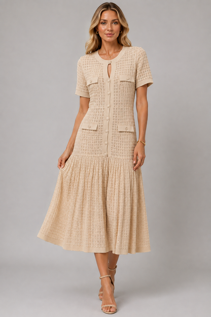 Short Sleeve Midi Dress | Women | Shimmer Knit Texture | Light Blue | Lightweight Elegant Dress | Steven & Levon