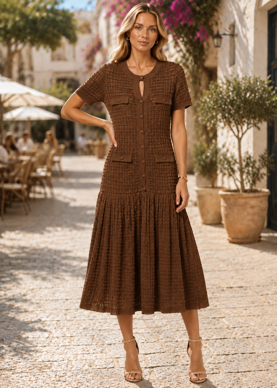 Short Sleeve Midi Dress | Women | Shimmer Knit Texture | Light Blue | Lightweight Elegant Dress | Steven & Levon