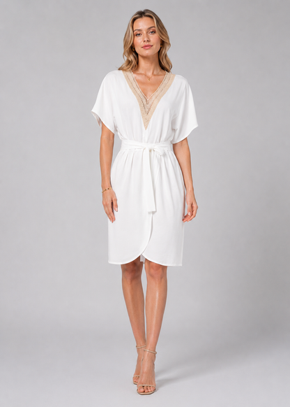 Women's V Neck Tie Waist Mini Dress | Women | Flowing Mini Dress | Tie Waist & Wrap Front | Elegant Occasion Wear | Steven & Levon