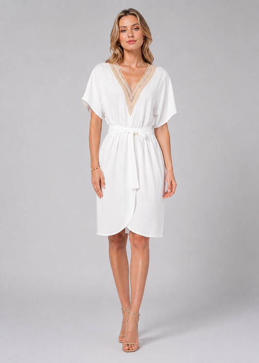 Women's V Neck Tie Waist Mini Dress | Women | Flowing Mini Dress | Tie Waist & Wrap Front | Elegant Occasion Wear | Steven & Levon