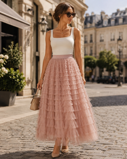 Tulle Maxi Skirt | Women | Layered Tulle | Elastic Waistband | Flowy A-Line Skirt | Steven & Levon