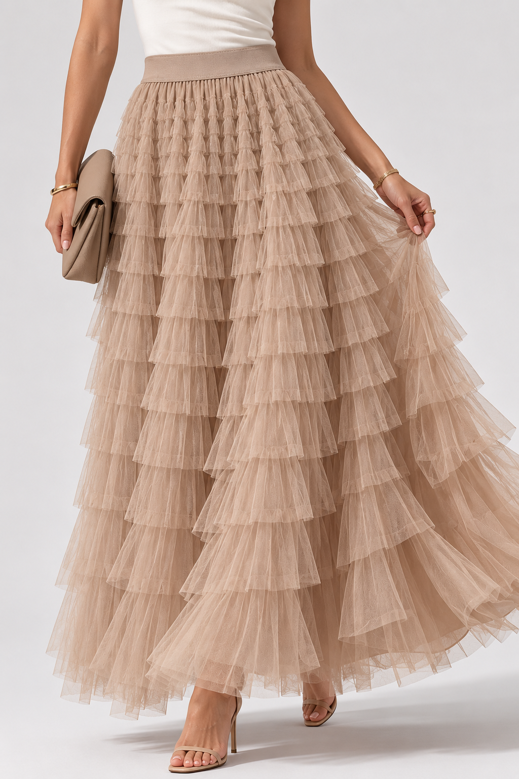 Tulle Maxi Skirt | Women | Layered Tulle | Elastic Waistband | Flowy A-Line Skirt | Steven & Levon