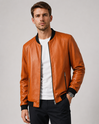 Men's Leather Bomber Jacket | Genuine Leather | Zip Front, Ribbed Trim Casual Outerwear | Steven & Levon