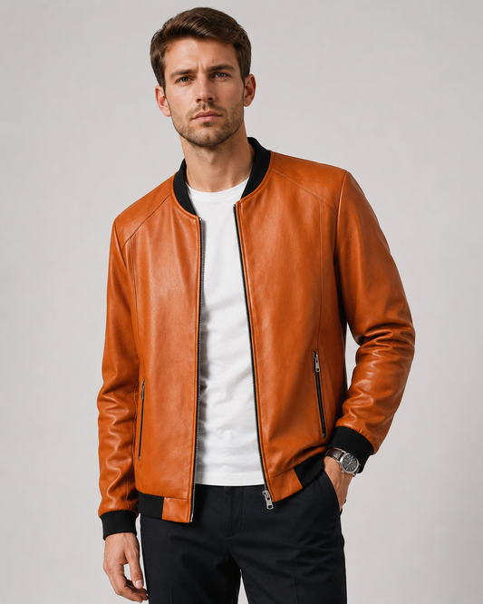 Men's Leather Bomber Jacket | Genuine Leather | Zip Front, Ribbed Trim Casual Outerwear | Steven & Levon