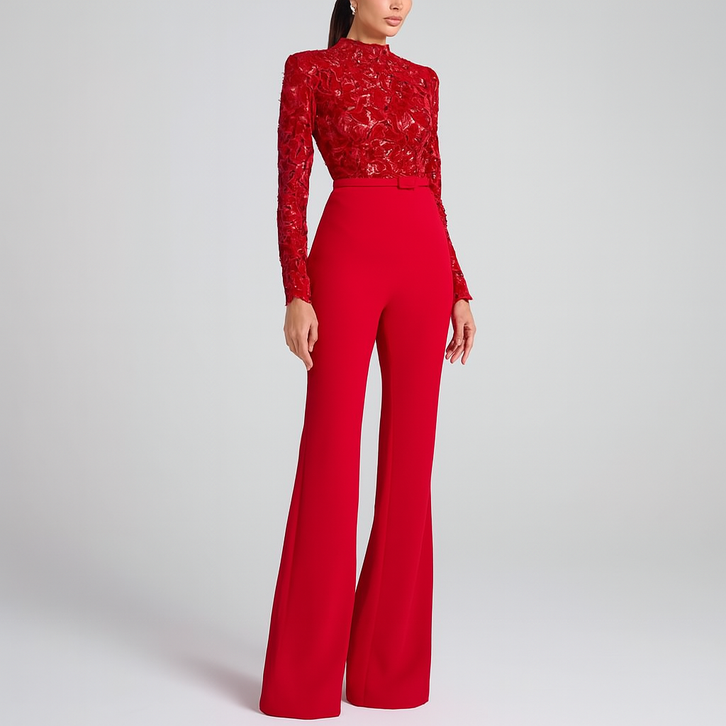Embroidered Lace Jumpsuit | Women's Elegant Jumpsuit | Lace & Polyester Blend | Belted Waist | Flared Leg | Steven & Levon