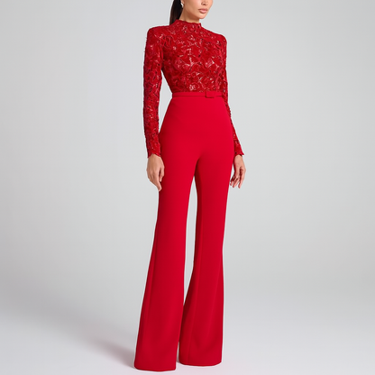 Embroidered Lace Jumpsuit | Women's Elegant Jumpsuit | Lace & Polyester Blend | Belted Waist | Flared Leg | Steven & Levon
