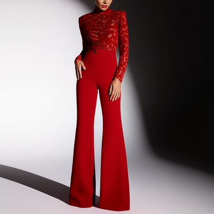 Embroidered Lace Jumpsuit | Women's Elegant Jumpsuit | Lace & Polyester Blend | Belted Waist | Flared Leg | Steven & Levon