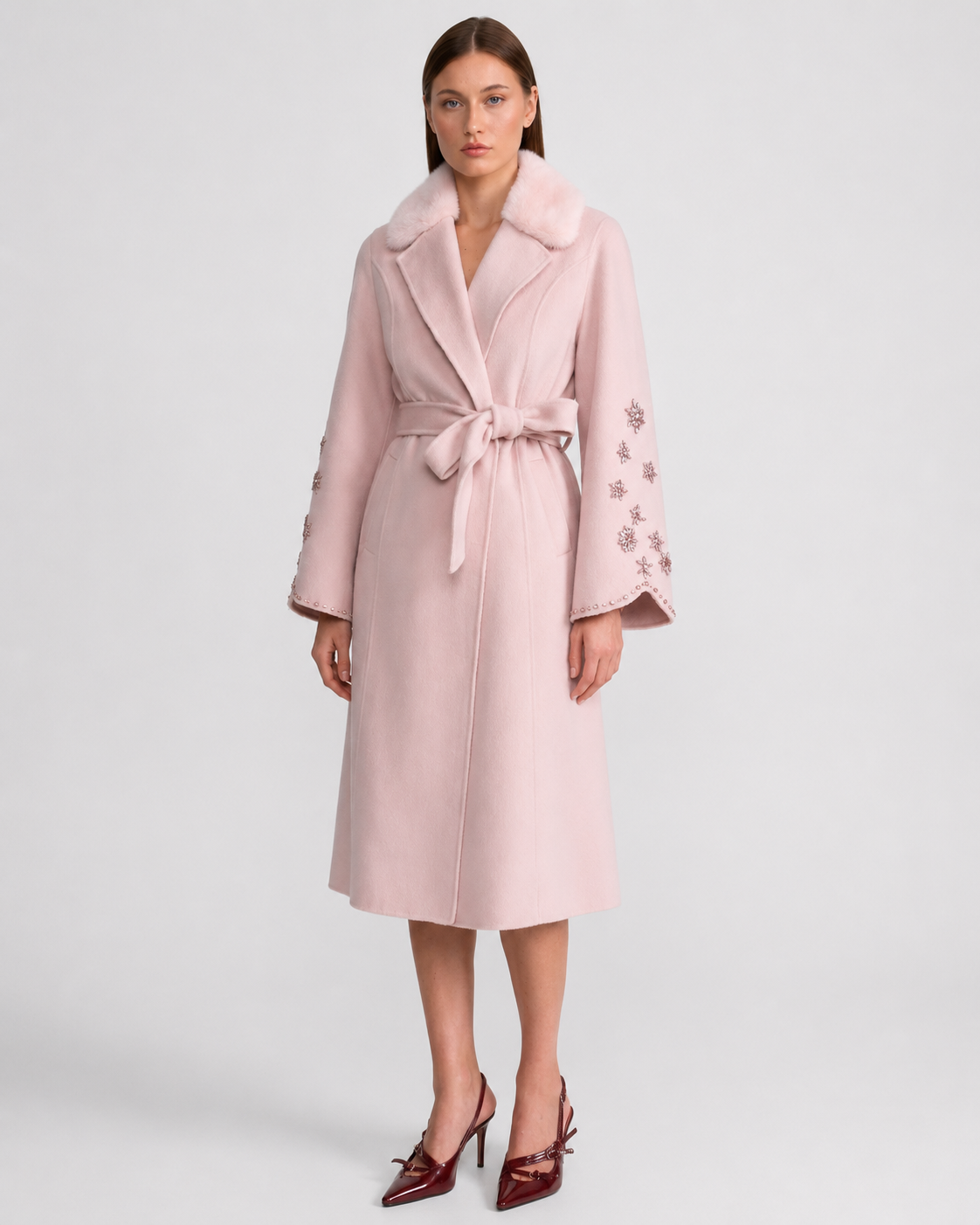 Women's Wool & Cashmere Overcoat | Fox Fur Collar | Crystal Embellished Sleeves, Pink, Belted Wrap Coat | Steven & Levon