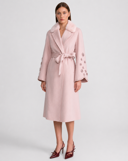 Women's Wool & Cashmere Overcoat | Fox Fur Collar | Crystal Embellished Sleeves, Pink, Belted Wrap Coat | Steven & Levon