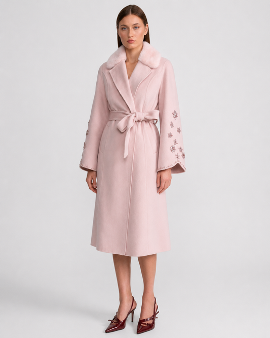 Women's Wool & Cashmere Overcoat | Fox Fur Collar | Crystal Embellished Sleeves, Pink, Belted Wrap Coat | Steven & Levon