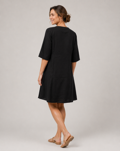 Aarnelle | Linen V Neck Dress | Women | Polyester | Relaxed Fit | Lightweight Summer | Steven & Levon