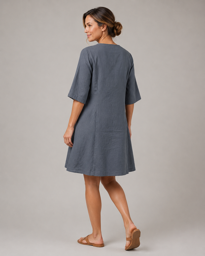 Aarnelle | Linen V Neck Dress | Women | Polyester | Relaxed Fit | Lightweight Summer | Steven & Levon