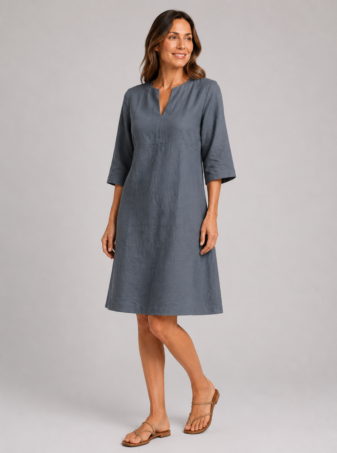 Aarnelle | Linen V Neck Dress | Women | Polyester | Relaxed Fit | Lightweight Summer | Steven & Levon