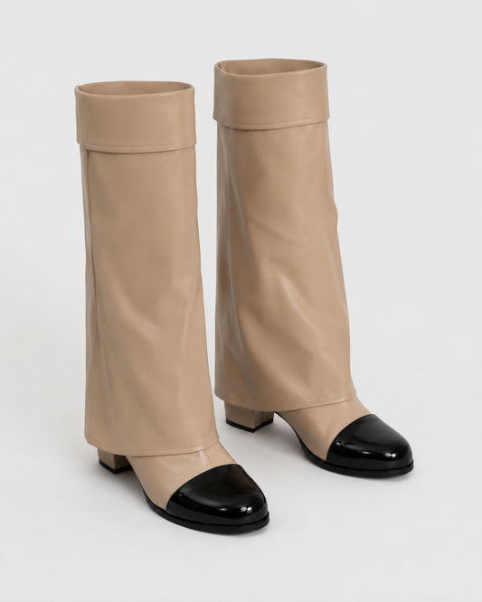 Women's Knee High Boots | Women | Patent Cap Toe | Beige & Black | Steven & Levon
