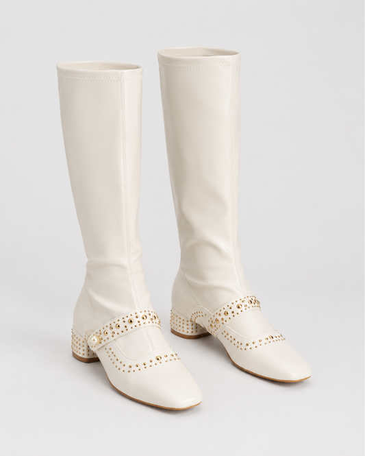 Studded Knee High Boots | Women | Pearl Strap | Ivoire | Steven & Levon