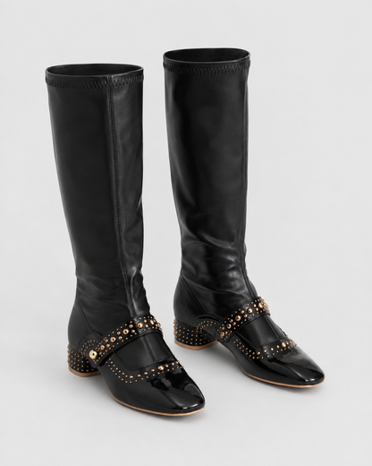 Studded Knee High Boots | Women | Pearl Strap | Black | Steven & Levon