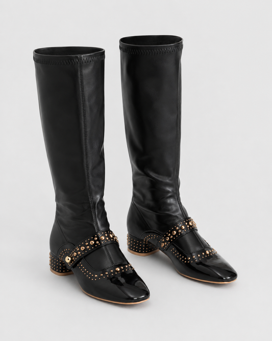 Studded Knee High Boots | Women | Pearl Strap | Black | Steven & Levon