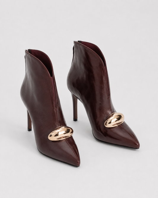 Leather Pointed Toe Ankle Boots | Women | Gold Buckle | Burgundy | Steven & Levon