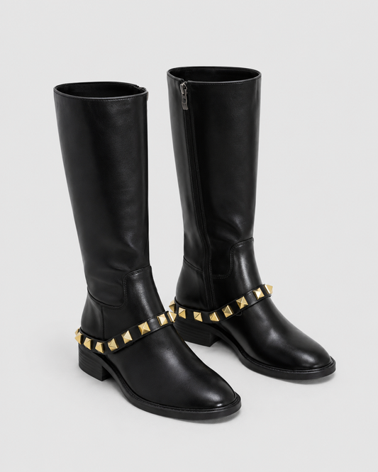 Knee High Boots | Women | Gold Stud Strap | Black | Steven & Levon