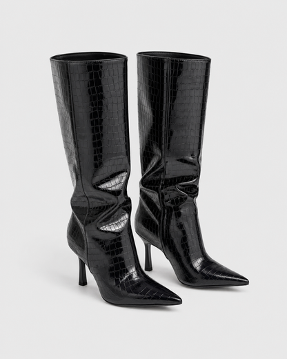 Alligator Pattern Knee High Boots | Women | Pointed Toe | Black | Steven & Levon