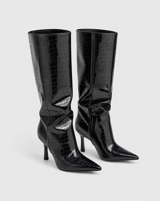 Alligator Pattern Knee High Boots | Women | Pointed Toe | Black | Steven & Levon