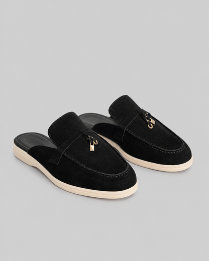 Suede Loafers | Women | Metal Charm | Black | Contrast Sole | Steven & Levon
